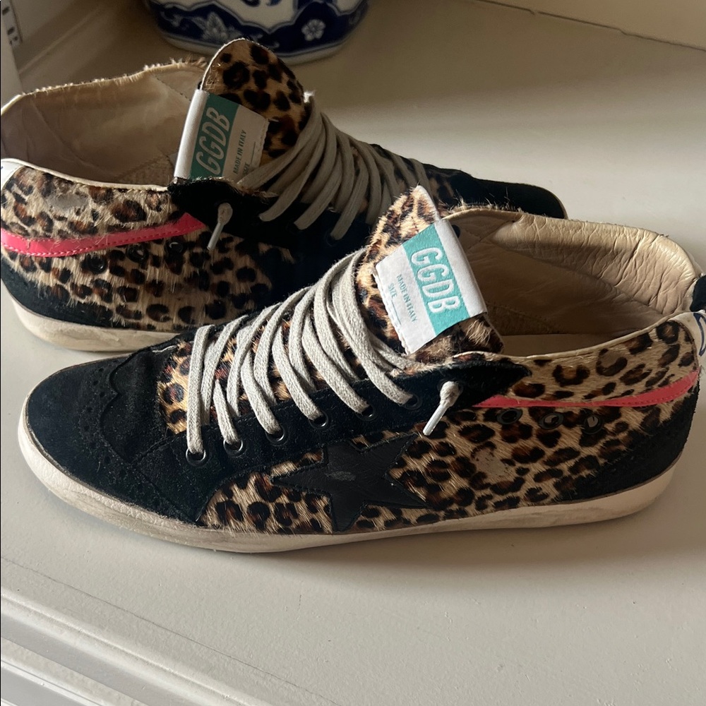 Golden Goose Leopard Print Sneakers with Black and Pink Accents